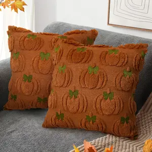Pumpkin Fall Decorative Throw Pillow Covers 18x18 Set of 2 Soft Faux Fur Pillow Covers for Autumn Harvest, Fluffy Plush Accent Pillow Cases for Halloween Thanksgiving Farmhouse Couch Home Decor