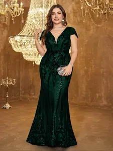 Plus Size Deep V Neck Backless Sequin Formal Wear Party Dress, Elegant Cap Sleeve Evening Gown, Random Cut Design, Perfect for Special Occasions