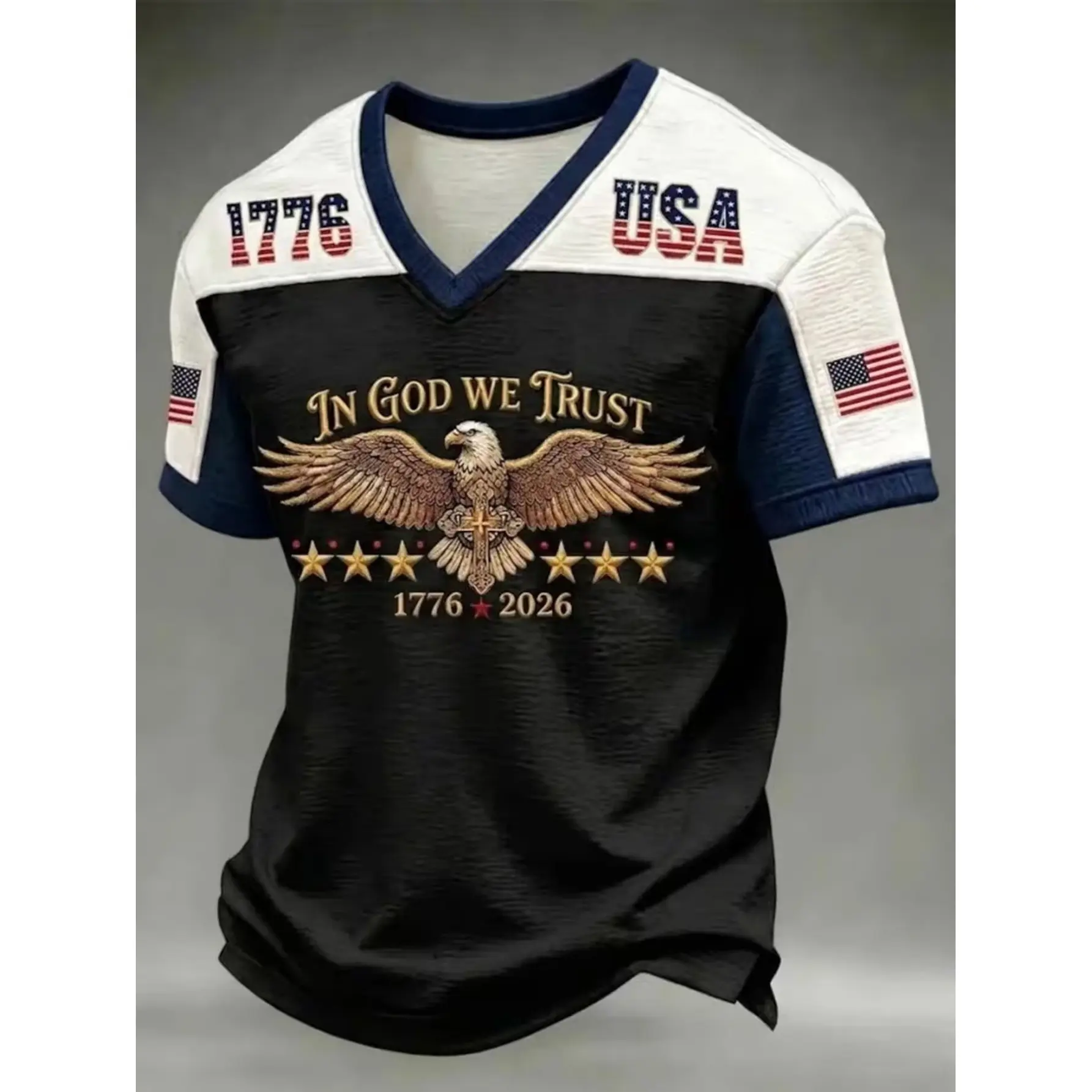 [XXS-7XL] Mesh Fabric Men's Patriotic Eagle Pattern T-shirt, Vintage 1776 American Design Casual V-neck Top, Home Leisure Wear