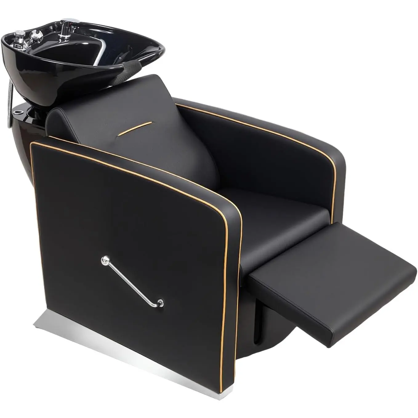 OmySalon Sturdy Wood Sit-Down Modern Salon Backwash Shampoo Unit - Commercial Height-Adjusted Barber Chair with Ceramic Bowl, Sprayer, Sink Strainer, Adjustable Footrest, Sponge, Foldable Drain Pipe, Waterproof for Beauty Spa Customers