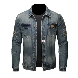 Men's Blue Washed Denim Jacket, Retro Distressed Biker Jean Jacket with Paisley Lining, Classic Trucker Jacket with Shoulder Stitching, Casual Button-Down Motorcycle Denim Coat for Men, Fashion Streetwear Denim Jacket for Daily Wear, Riding, Outdoor