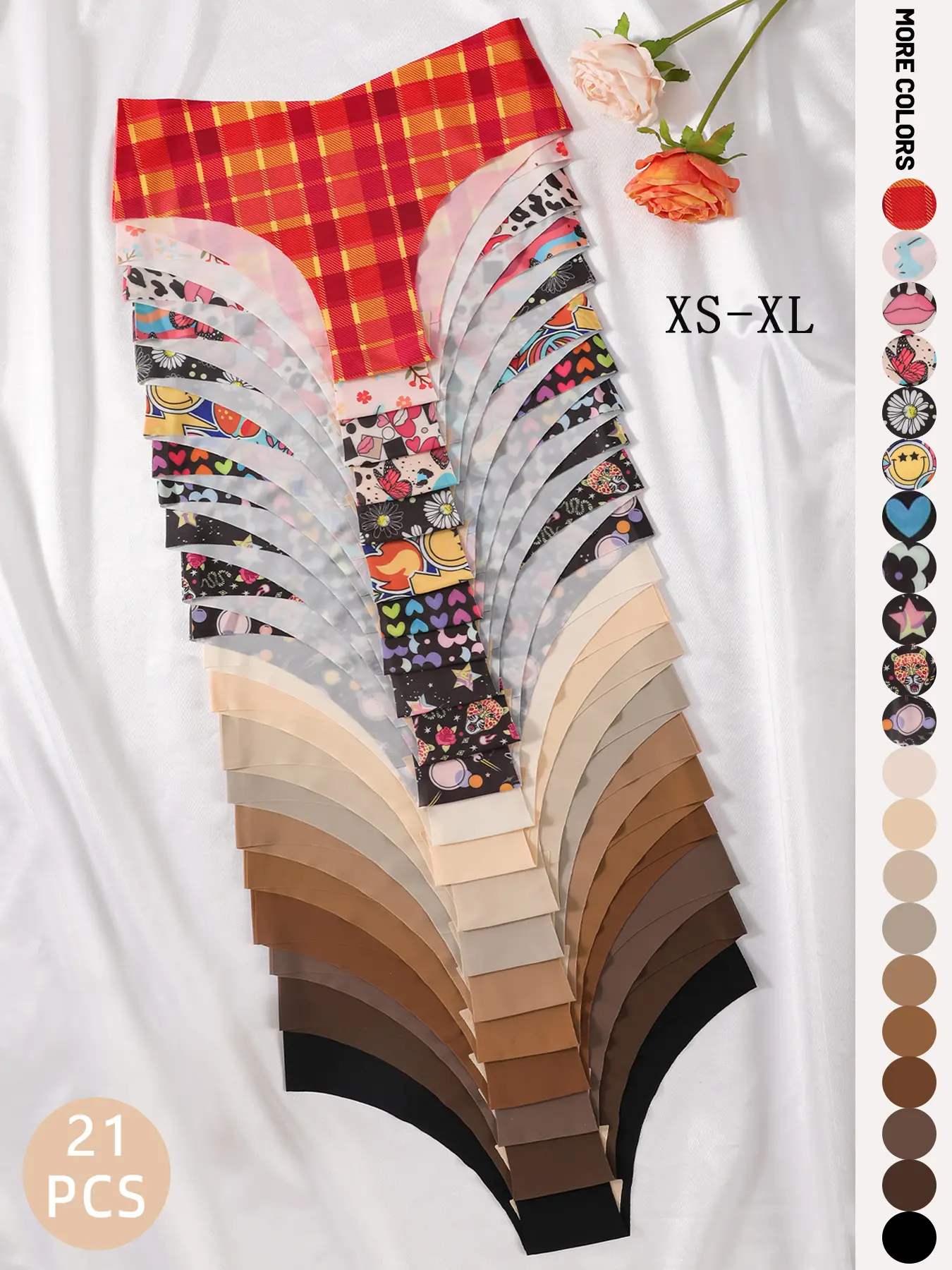 21-piece set of V-shaped low-rise seamless women's panties, Everyday Wear Panties, plaid leopard underwear, printed and solid colors, Knitted Stretch Underwear, suitable for daily wear and all seasons, comfortable skin-friendly women's underwear