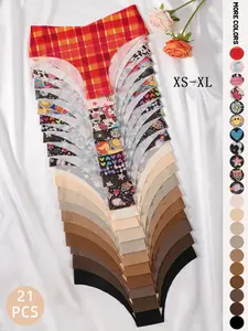 21-piece set of women's underwear, sexy V-shaped low-rise panties, featuring a combination of plaid, heart, butterfly, star, leopard prints and solid colors, soft and comfortable, suitable for daily work, yoga, fitness, dance, and casual sports wear.