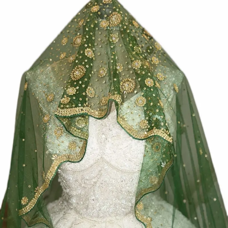 Green Organza Veil with Gold Sequin Embroidery for Bridal Wear