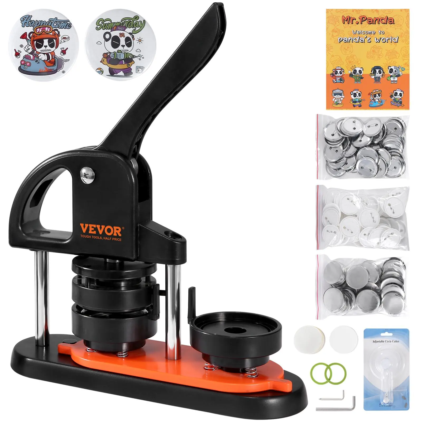 【Summerfinds】VEVOR Button Maker Machine, 2.28 inch/58mm Pin Maker with 100pcs Button Parts, Ergonomic Arc Handle Punch Press Kit, Button Maker with Panda Magic Book, For Children DIY Gifts and Christmas