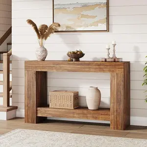 47" Farmhouse Console Table with 2 Tiers and Storage – Large Wooden Sofa Table for Entryway, Hallway and Living Room，Red