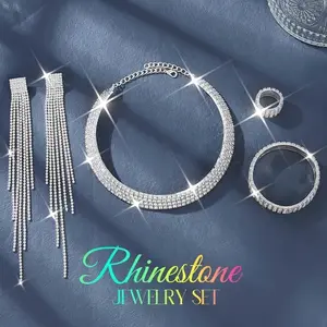 5pcs Elegant Rhinestone Bridal Wedding Jewelry Set - Choker Necklace, Earrings, Bracelet & Ring Set with Sparkling Rhinestones, Perfect for Prom, Formal Events, and Special Occasions, Wedding Jewelry Set Glamour Set