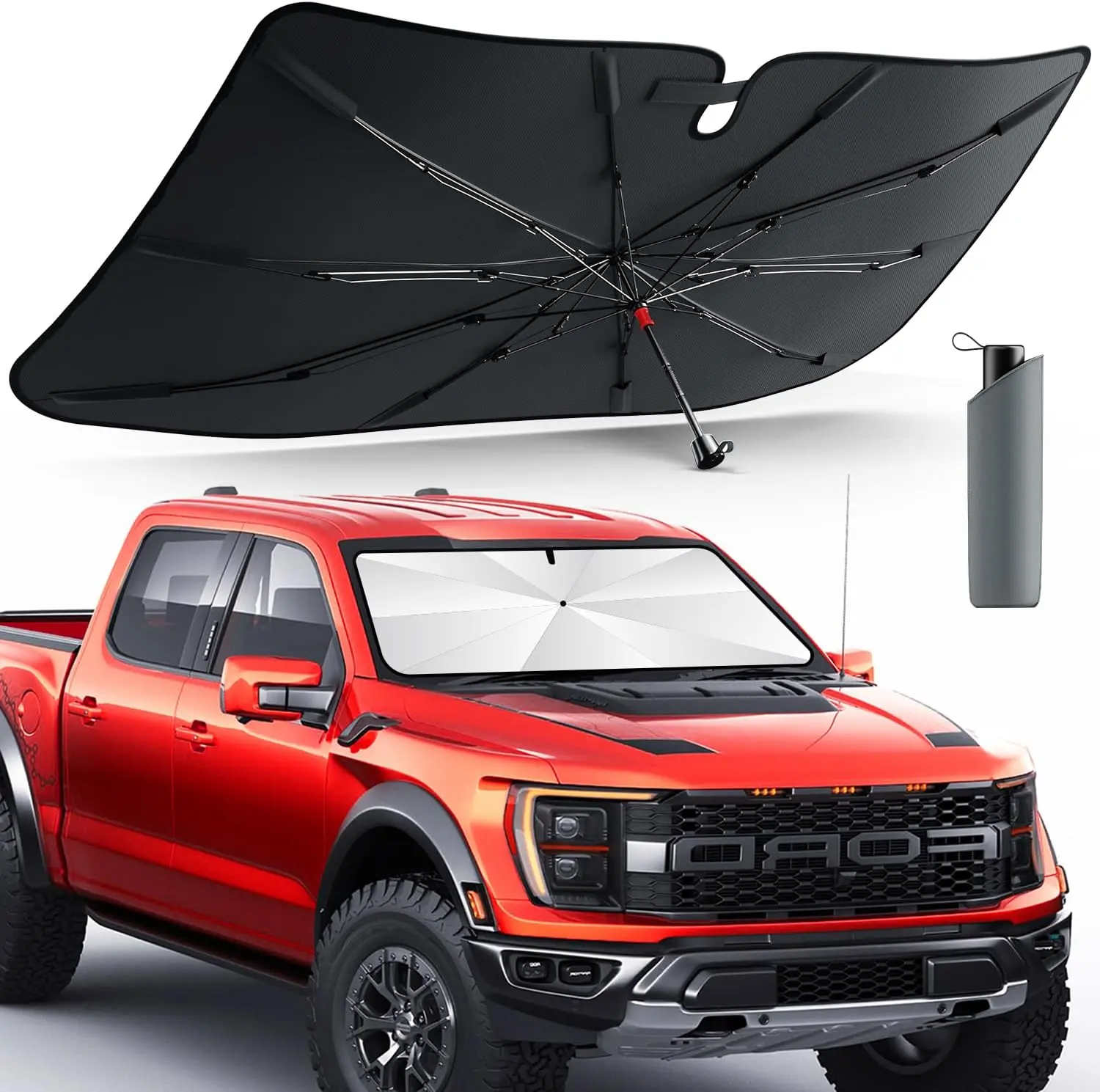 Umbrella Windshield Sun Shade for Truck, Car Sunshade for Front Windshield [Nano Ice-Crystal Coatings] UPF50+ Heat & UV Block, Protect Interior & Keep Cooler Universal for Truck & Large SUV