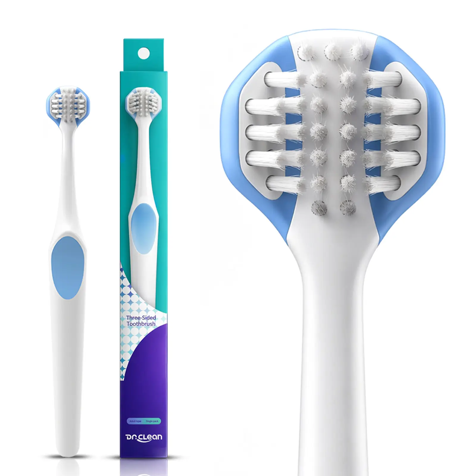 DR.CLEAN Adult Manual 3-Sided Oral Toothbrush with 360° Wrap Medium-Soft Bristles, Durable, Plaque Removal, Deeply Cleans Wine Stains & Yellow Teeth, Ideal for Daily Brushing, Home Use, Nylon Bristles