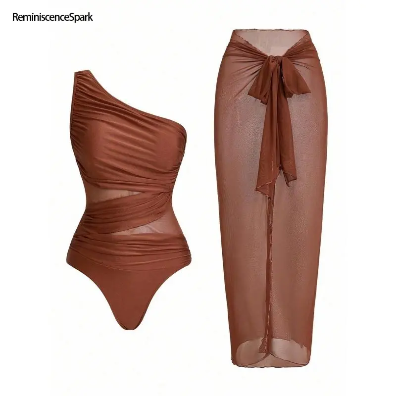 Women's Solid Color Ruched Mesh One-Piece Swimsuit with Sarong Skirt – Flattering Summer Beach Wear for Vacation & Pool Parties