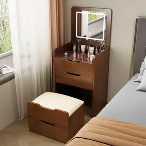 3 in 1 Vanity Desk with Plip Top Mirror, Small Makeup Vanity Set with Visible Glass Desktop, Compact Dressing Table with 3 Drawers, Cushioned Stool for Bedroom, Walnut