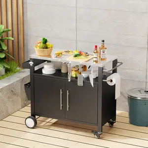 ARCH Two Doors Outdoor Grill Cart with Patio Furniture, Outdoor Grill Table with Storage,Rolling Bar Cart Outdoor BBQ Cart with  Hooks and Spice Rack for Grilling Accessories, Black    RR