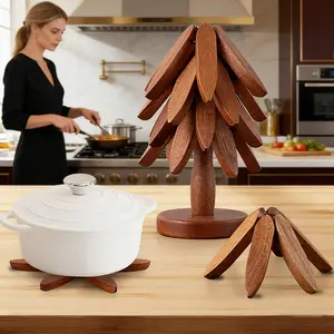 Wooden Trivets for Hot Dishes, Tree Shape Trivet Set, 4 Walnut Wood + 1 Stand stored Like a Christmas Tree,Foldable Kitchen Wooden Trivet,for Hot Dishes、Pot、Bowl、Teapot、Hot Pot Holder, Kitchen Coasters