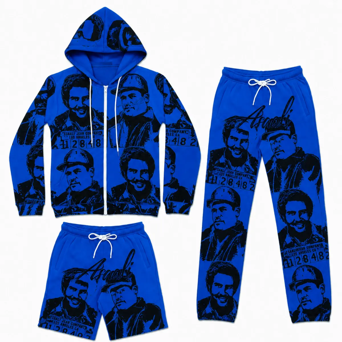 Assaalii Print Tracksuit Set, Graphic Zip Hoodie Joggers and Shorts, Urban Streetwear Matching Outfit