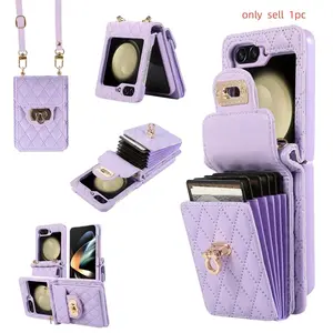Crossbody Multi Long Lanyard Case for Samsung Galaxy Z Flip 7 FE 6 5 4 3 Flip7 5G Cards Slot Leather Wallet Metal Buckle Cover