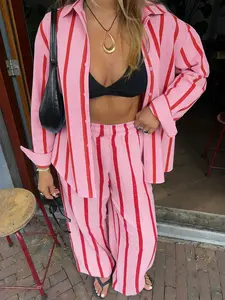 Women's Striped Sleepwear Set, Long Sleeve Button Shirt + Drawstring Pants, Homeewear, Loungewear, Sleeping Clothes, Casual Daily Wear