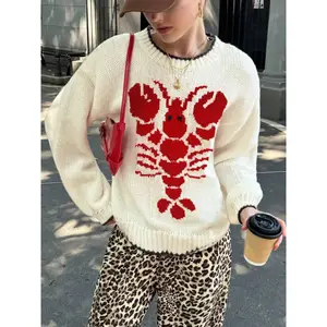 Women's Casual Loose Lobster Pattern Sweater, Fall Winter Solid Color Round Neck Long Sleeve Knit Pullover, Knit Pullover Top, Comfortable and Stylish
