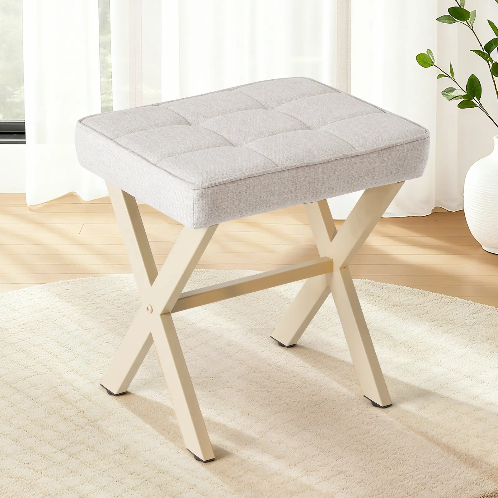 Square Linen Upholstered Stool - Modern Furniture, Small Ottoman with Metal X-Legs, Padded Seat Footrest for Makeup Room, Bathroom