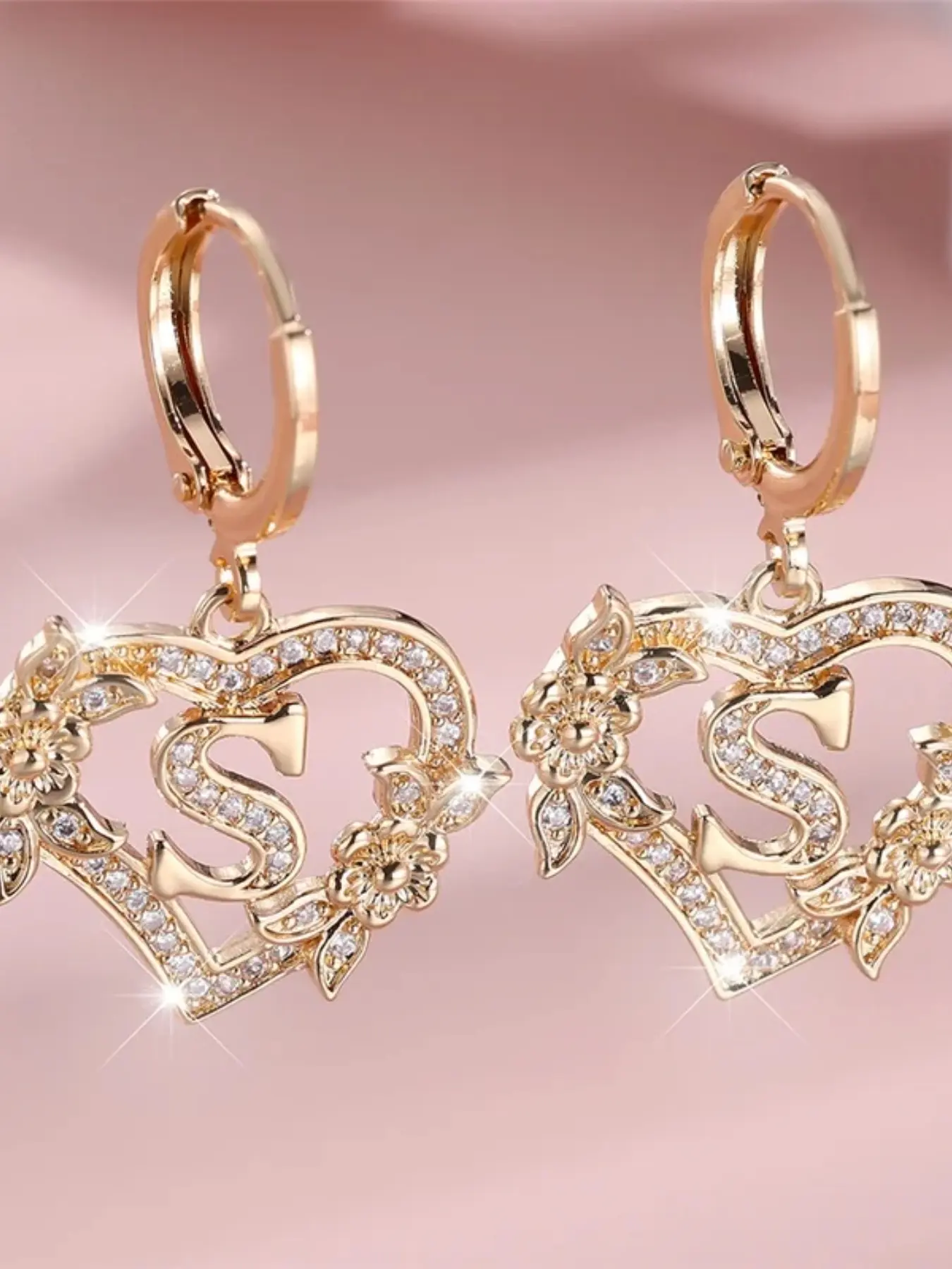 Female A-Z 26 Letter Heart Flower Hoop Earrings Fashion Earring Heart Shaped Earrings Yellow Gold Color White Zirconia Wedding Jewelry For Women