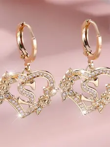 Female A-Z 26 Letter Heart Flower Hoop Earrings Heart Shaped Earrings Yellow Gold Color White Zirconia Wedding Jewelry For Women