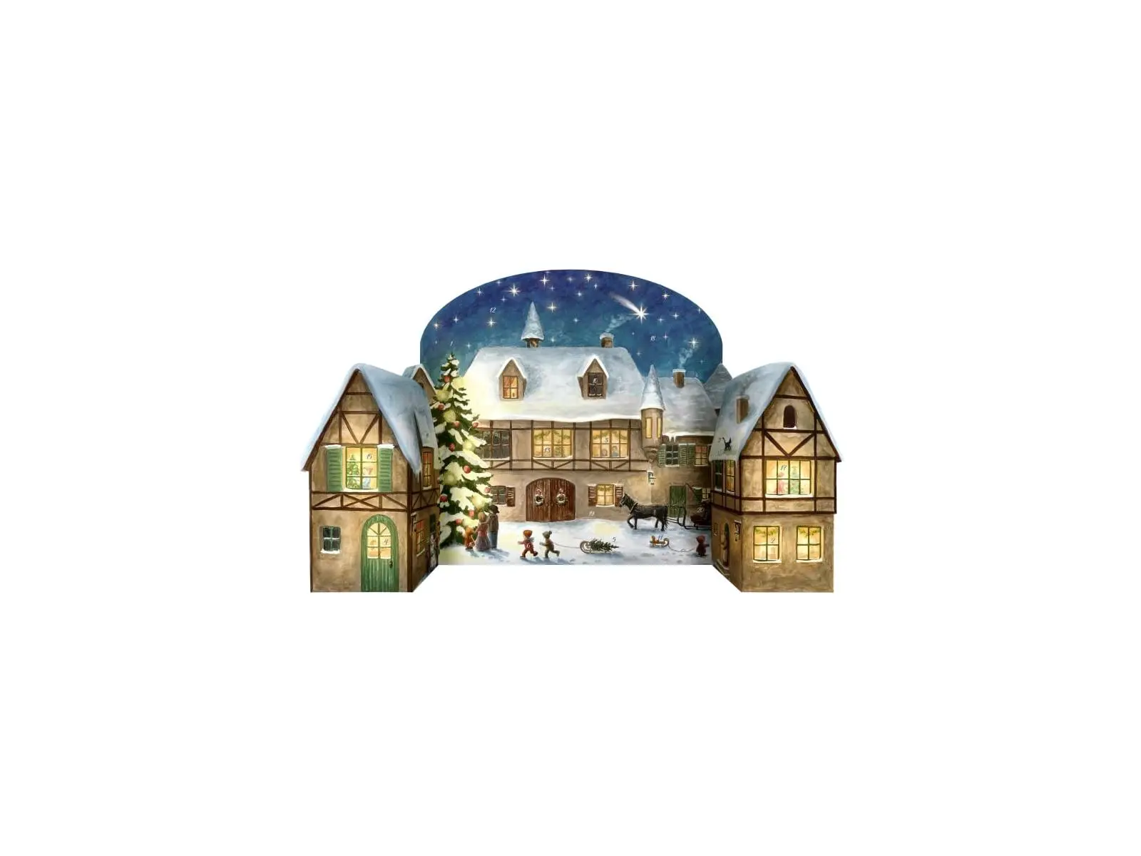 Korsch Verlag 11751 Stand-up Advent Calendar - Made in Germany, 10.5x23x0.1in, Village Christmas Eve Theme with Topper, Office Stationery Calendar