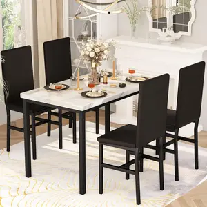 Recaceik Dining Table Set for 4, White Kitchen Table and Chairs for 4, Modern 5 Piece Dining Room Furniture Table Set with Faux Marble Tabletop and PU Leather Chairs for Apartment,Home Bar,Small Spaces Interior