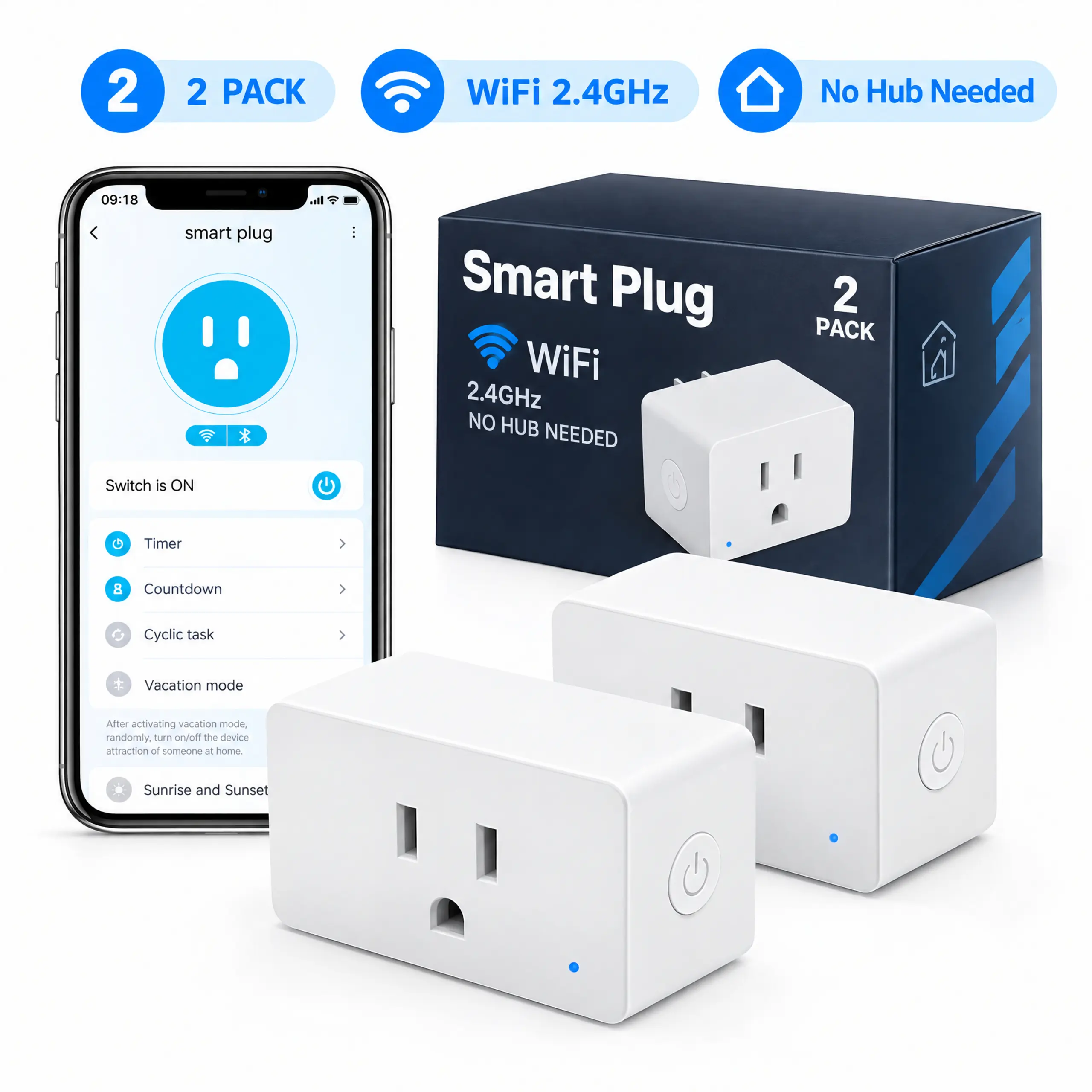 15A 1800W Load WiFi Smart Plug - 2.4GHz WiFi, Alexa & Google Home Supported, APP Remote Control, Timer Auto Off, Compact Indoor Outlet for Car Decorative Lights & Home Appliances