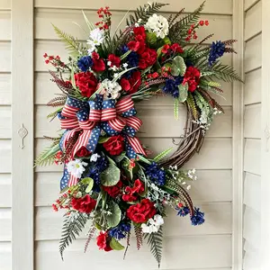 Vibrant Patriotic Wreath, Blue Flowers with Star Spangled Banner Bow, Perfect for July 4th Memorial Day Porch Decor