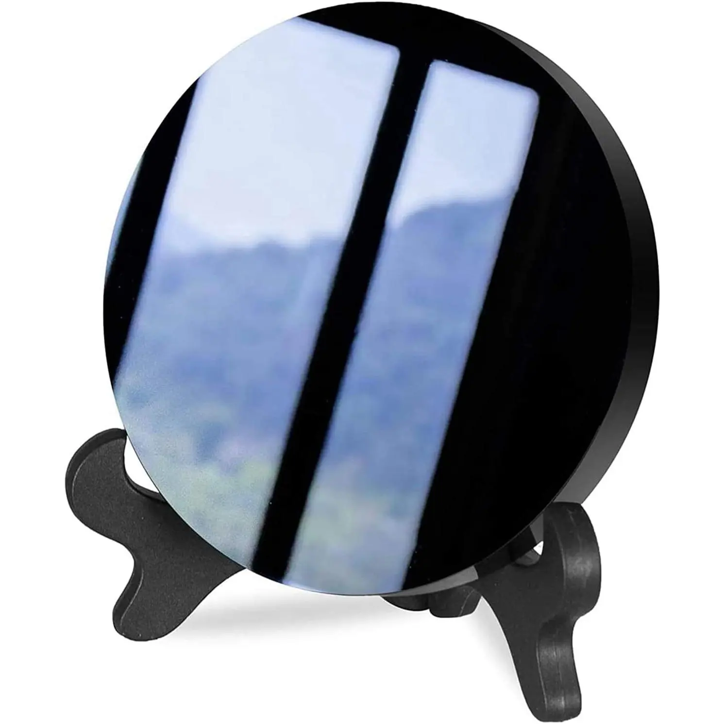 Black Obsidian Scrying Mirror, Black Obsidian Circle Disc Feng Shui Mirror with Stand,  Desk Decor Crafts (6cm)