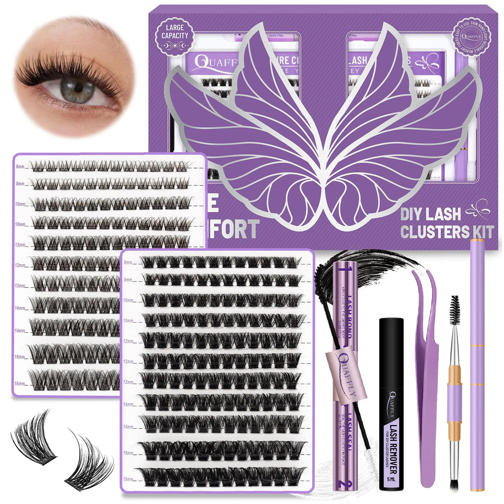 Eyelash Extension Kit, Eyelashes Extension Set, 1 Box Individual False Eyelashes DIY Cluster Lashes with Eyelash Glue & Tweezers & Brush & Eyelash Remover, Professional Eye Makeup Accessories, Cosmetic