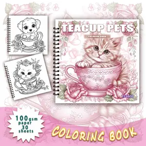 Teacup Cat Pattern Coloring Book, 30 Sheets 100gsm Thick Paper Spiral Coloring Book, DIY Painting Supplies for Stress Relief, Holiday Gift
