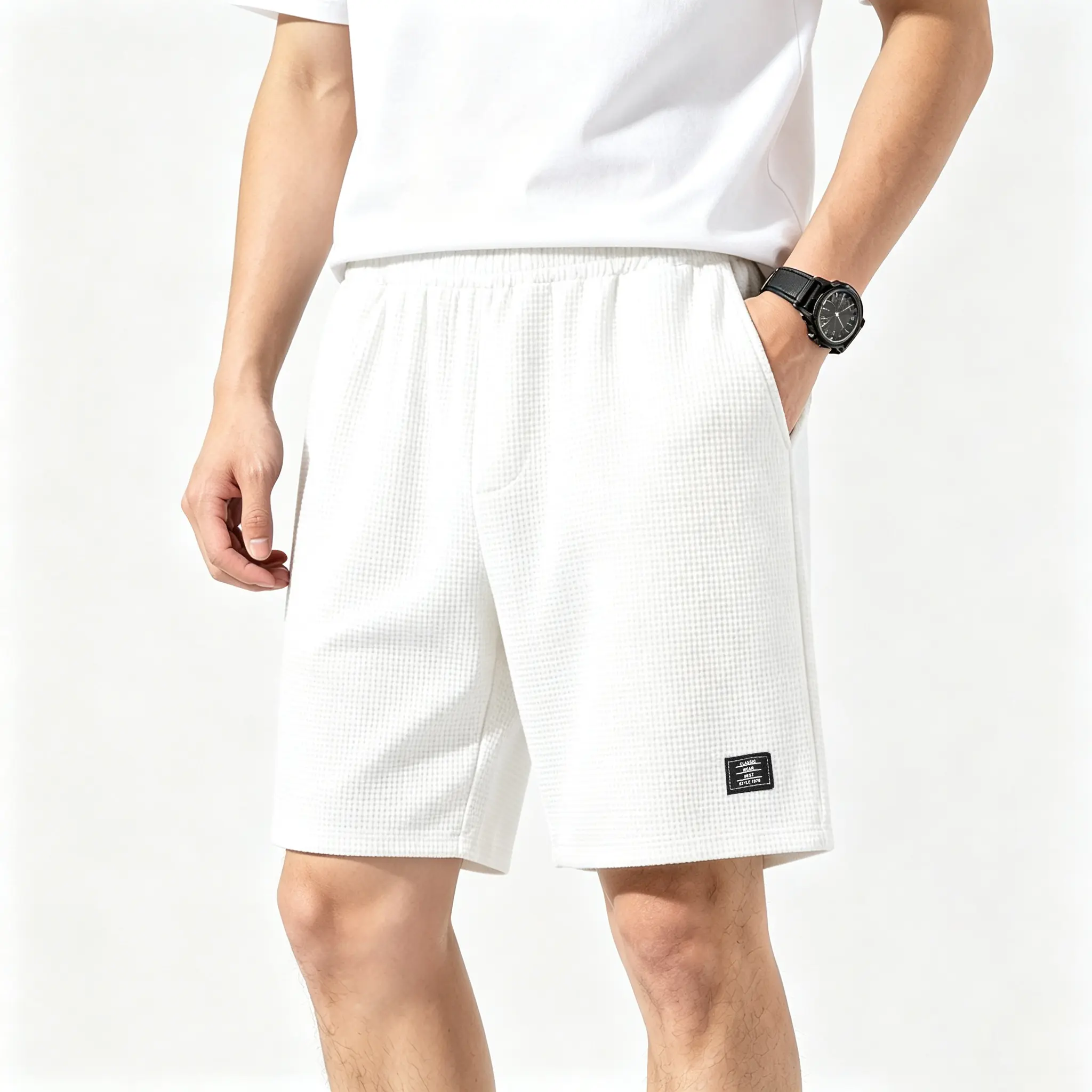 Men's Lightweight Waffle Knit Solid Athleisure Shorts - Breathable Knitted Fabric, Drawstring Waist, Loose-Fitting Casual Gym Bottoms, Fashionable, Clearance Sale, M, TikTok Shop Back to School,back to school haul