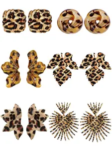 6 Pais, Leopard Print Earring Set, Leopard Hoop Earrings for Women Alloy Hypoallergenic Leopard Print Leaf Shaped Earrings Lightweight Durable Alloy, Glossy Finish, Jewelry for Daily Wear & Gift Giving