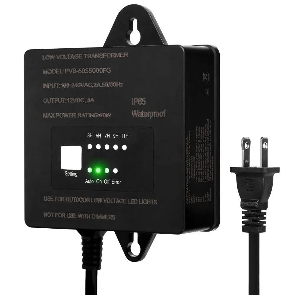 60W Low Voltage Transformer with Timer and Photocell Sensor, 120V AC to 12V DC, IP65 Waterproof, For LED Landscape Light, Outdoor Spotlight, Pathway Light, Garden Light