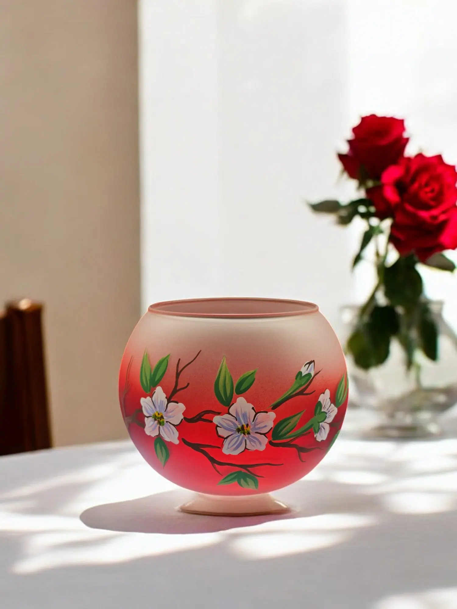 Large Red Glass Candle Holder, Hand Crafted in Ukraine, Dogwood Flower Design, Wonderful Year Round