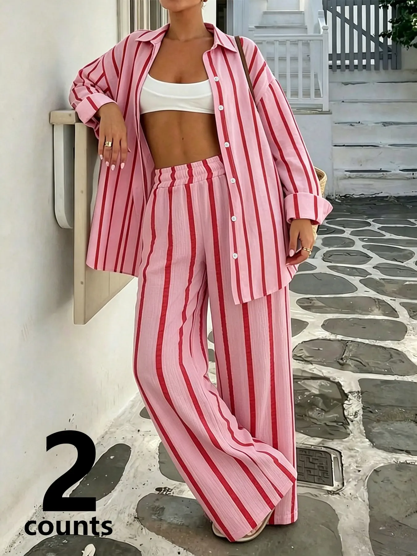 Women's 2-Piece Striped Outfit, Magenta Striped Shirt & Elastic Wide Leg Pants For Summer Beach Vacation