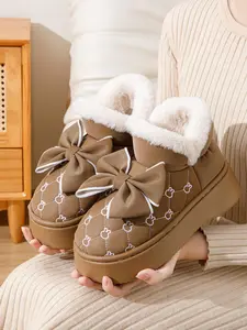 Women's Autumn Winter Thick Sole Warm Bow Plush Home and Outdoor Cotton Shoes, Cozy Comfortable Durable Slippers for Ladies