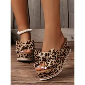Women's Cute Bow Decor Leopard Print Wedge Sandals, Casual Trendy Slip on Wedge Popular 2024 Summer Sandals, Fashionable Shoes for Daily Summer Vacation Beach WearGift