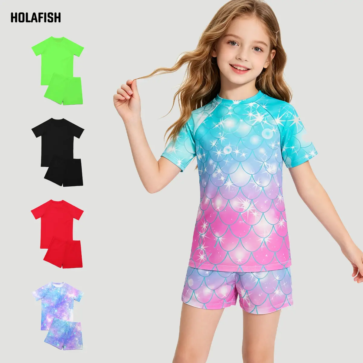 Holafish Kids Swimsuit Two Piece Set Quick Dry Rash Guard Short Sleeve Top and Swim Shorts for Toddler Boy Girl Comfortable Fit