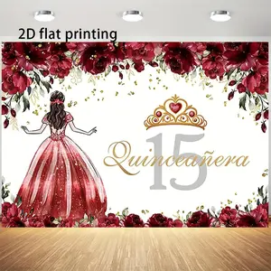 1PC,2D Flat Quinceañera 15th Birthday Backdrop, Red Floral Princess Crown Theme Party Decoration Background, Photo Booth Props for Sweet 15 Celebration, 2D Flat Printed Fabric Banner for Indoor Out