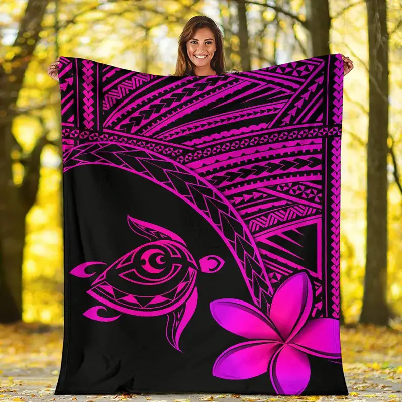 Vintage Floral Hawaiian Hibiscus - Samoan-Inspired Polynesian Turtle Throw Blanket - All-Season Gift, Cozy Flannel Polyester, Vibrant Geometric & Floral Design, Lightweight Throw, Hawaiian Home Decor