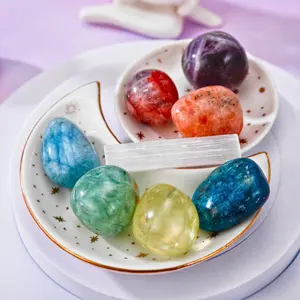 [Magic Crystal] 7 pcs Chakra Crystal and Selenite Set with Ceramic Tray,  Sun Stone, Prehnite, Blue Apatite, Hematoid Quartz, Lemon, Aquamarine, Deals for You Days- Holiday Decor, Christmas, Halloween, New Year, Valentine's Day,Easter