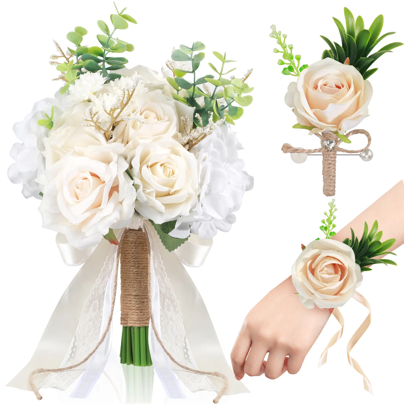 Plastic Decorative Artificial White Champagne Rose Bouquet Set - With Ribbon Bow, Box - Decorative Flower Arrangement for Wedding, Engagement - Home Decor, Home Supplies, Floral Decor
