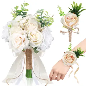 Wedding Bouquets for Bride Bridesmaid, White Champagne Artificial Roses Flowers with Ribbon Bow for Wedding Prom Church Decoration, Ceremony, Anniversary