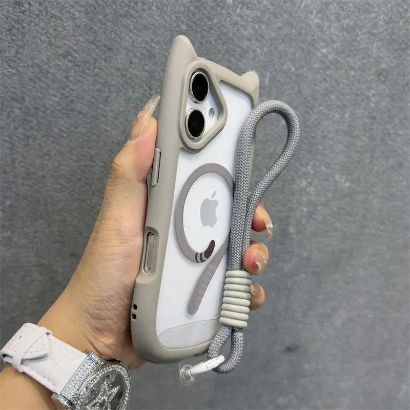 Fin Cute Cat Ear Magsafe Case for iPhone 13 14 15 16 17 Pro Max 11 12 15 16 17 Plus Air Transparent PC TPU Armor Cover with Wrist Strap Chain