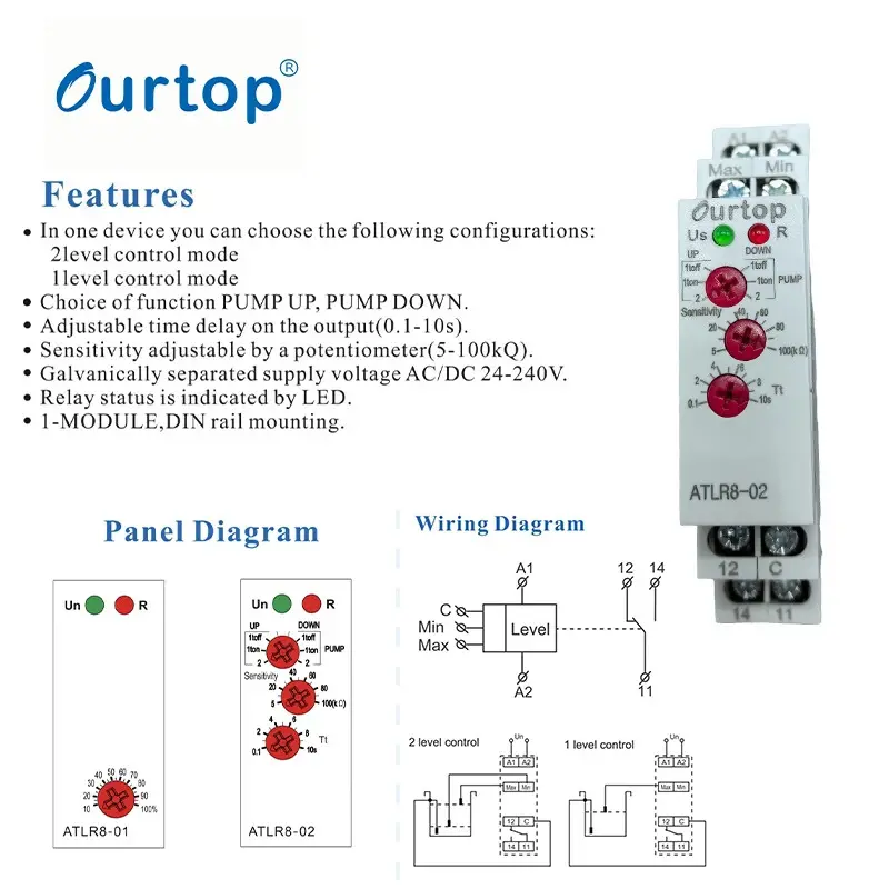 level control relaMultifunction Type 0.1-10s Adjustable Delay Timer Relay with 2 or 1 Level Contorl Mode 10A Time Relay Din Rail