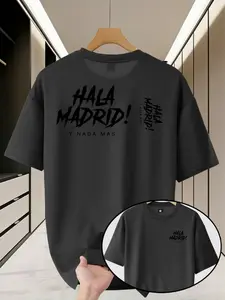 Men's Trendy Loose Round Neck T-Shirt, Real Madrid Fan Essential, Hala Madrid! Print, Casual Comfortable Short Sleeve Tee