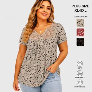ROSRISS Lady's Plus-Size Fashion Short-Sleeve V-Neck Henley Tops - Rayon Spandex Tunic Blouses with Floral Lace Pleats, Button-Up, Lightweight Cute Fabric, Elegant Fit, Leggings-Matching, DPS1083 for Summer, Outdoor Fun
