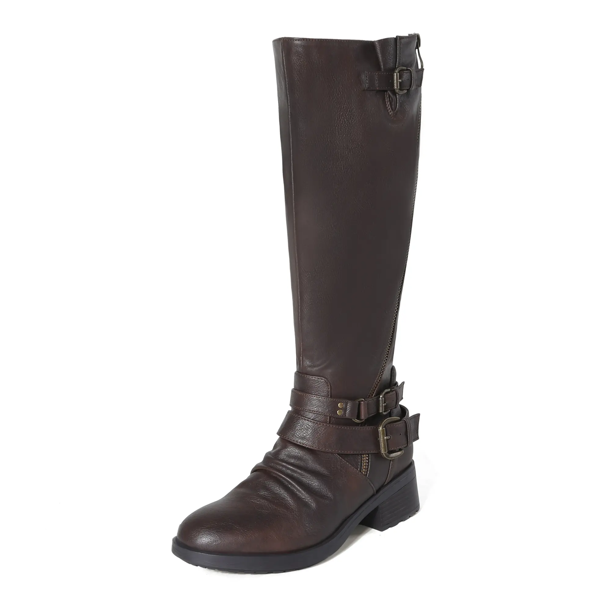 Dream Pairs Women's Wide Calf Knee-High Western Riding Boots - Faux Fur Lined, Buckled Ankle Hold, Low Heel, Curved Zipper Entry, Rubber TPR Sole, Western Booties for Casual Outdoors
