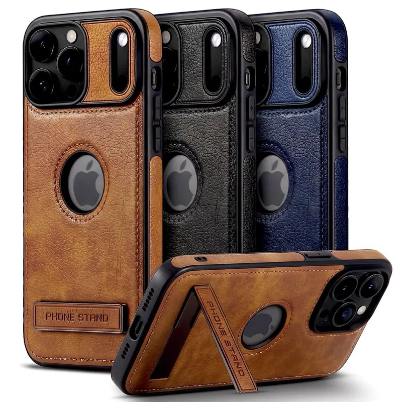 For iPhone 18 17 16 15 14 Plus 13 12 Pro Max Air Slim Luxury Leather Built-in Kickstand Durable Case Cover Phone Accessories Protective Case